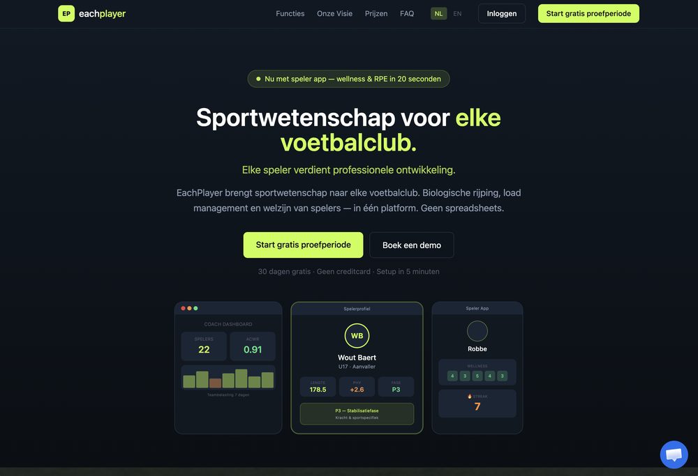 Startpagina van EachPlayer: sportwetenschap voor elke voetbalclub