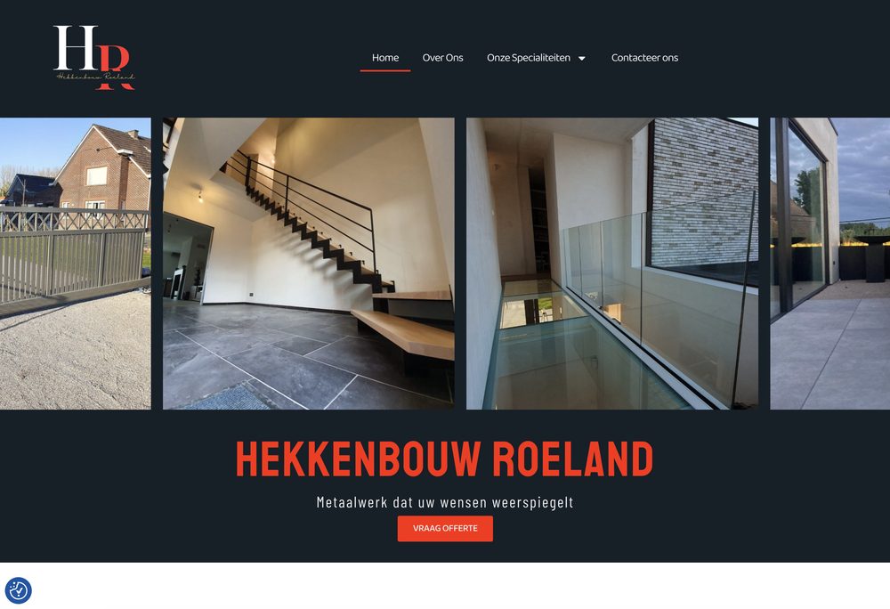 Startpagina van Hekkenbouw Roeland met foto's van een poort, een trap en een glazen balustrade